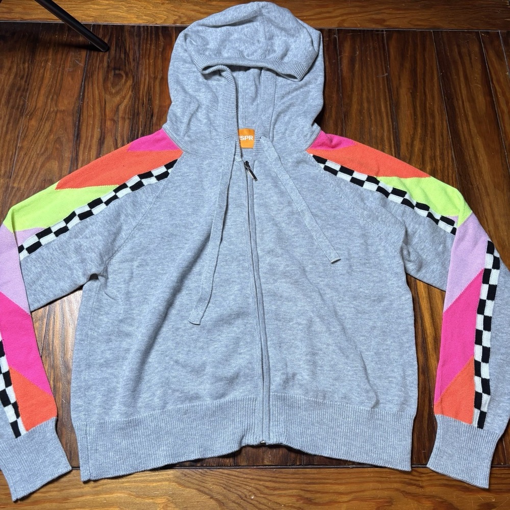 Wispr Brodie Gray Neon Checkered Sleeve Silk Zip Fun Cardigan Sweater S A1775